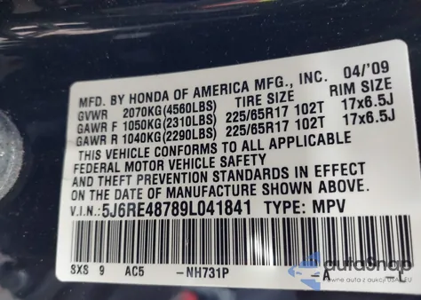 2009 Honda Cr-V Ex-L from USA, damaged, VIN 5J6RE48789L041841